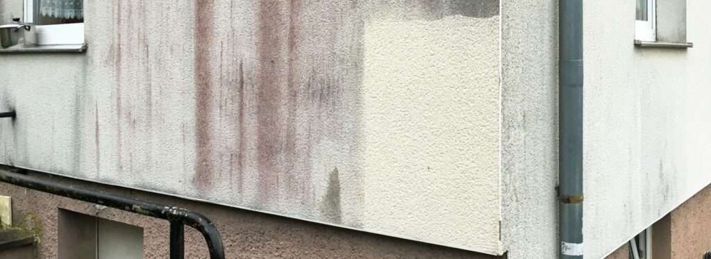 Vorher-Nachher Probefläche einer Fassadenreinigung auf Putzfassade