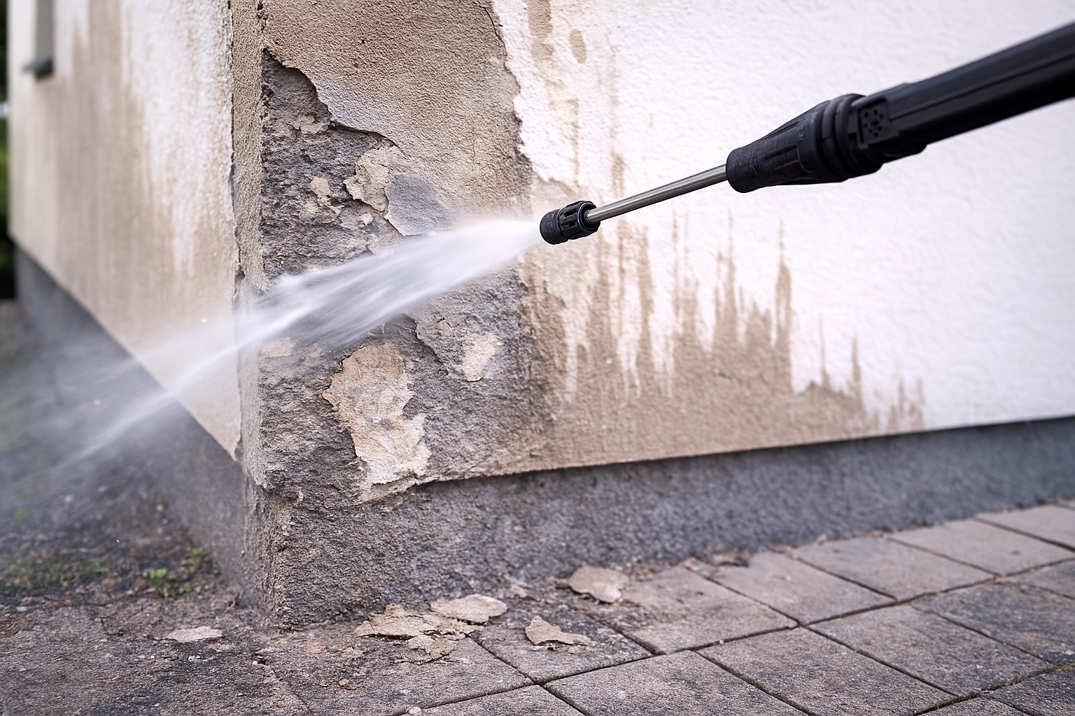Nachteile der Fassadenreinigung mit Hochdruckreiniger: Putz kann abblättern