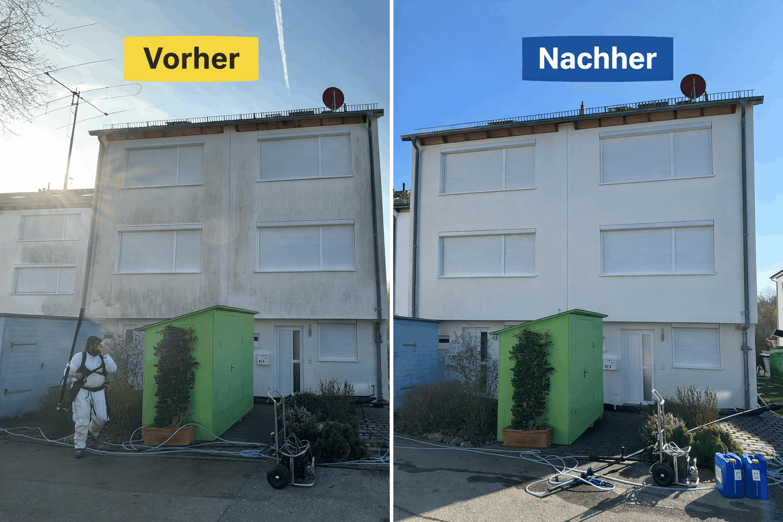 Hausfassade in Stuttgart-Dürrlewang vor und nach der Fassadenreinigung