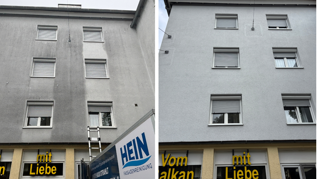 Vorher-Nachher-Foto einer Fassadenreinigung in Esslingen, Plochinger Straße.