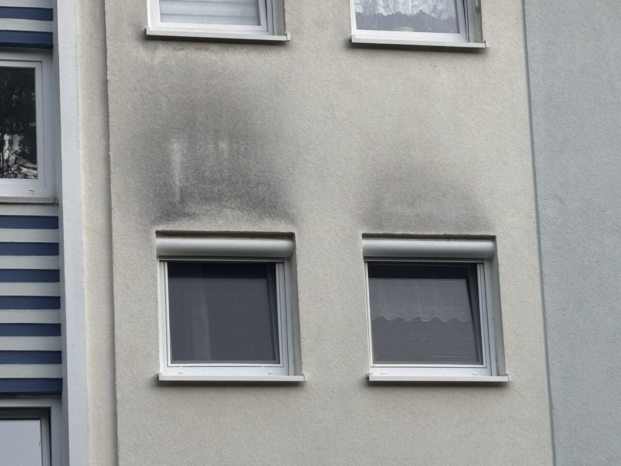 schwarze Stellen an der Hausfassade über dem Fenster in Stuttgart-Vaihingen bei einem Mehrfamilienhaus