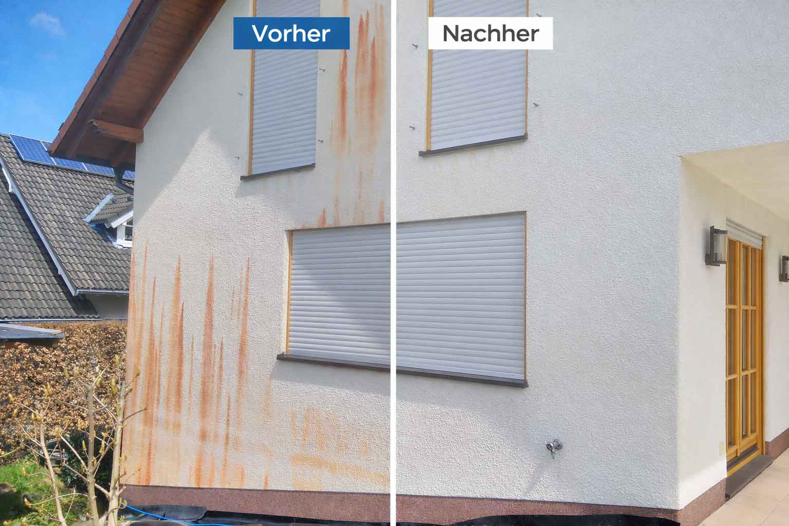 Vorher-Nachher-Vergleich der Fassadenreinigung bei Rotalgen