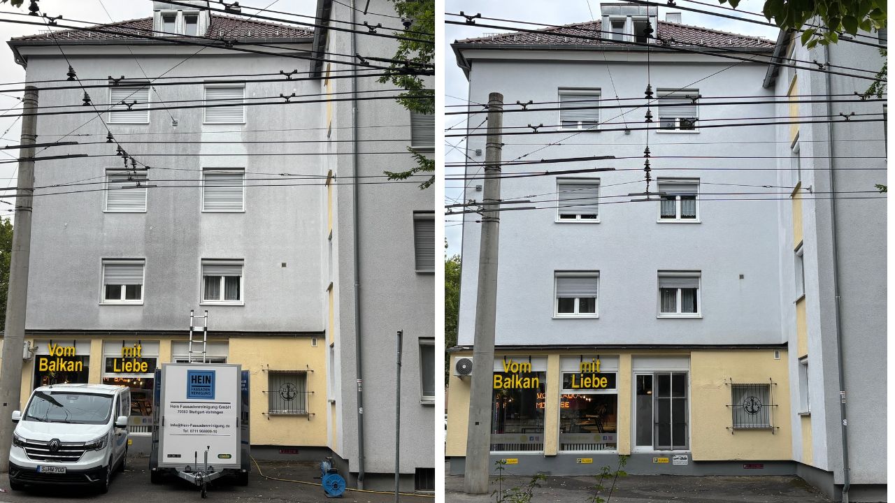 Das Ergebnis einer professionellen Fassadenreinigung anhand eines Mehrfamilienhauses in Esslingen